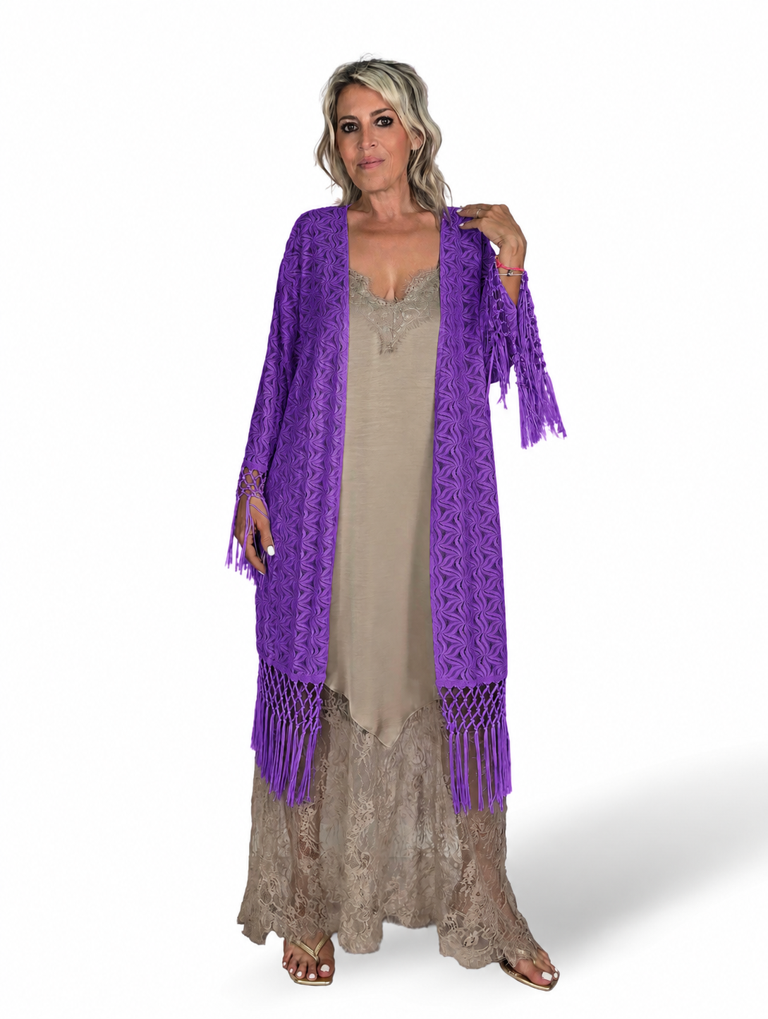 Kimono mit offenem Strickmuster und Fransen