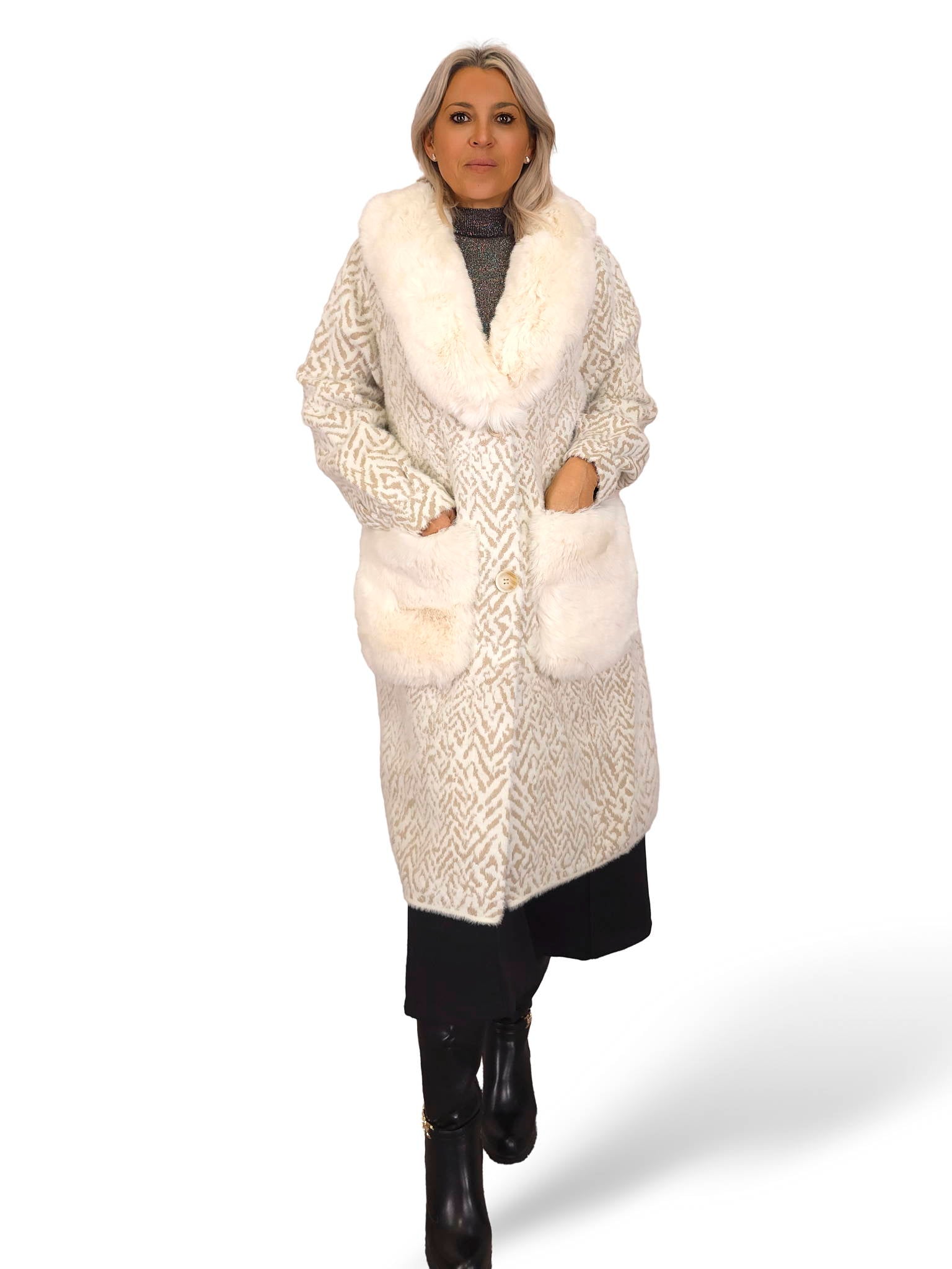 ABRIGO PUNTO CUELLO BOLSILLOS PIEL ECOLÓGICA JOT