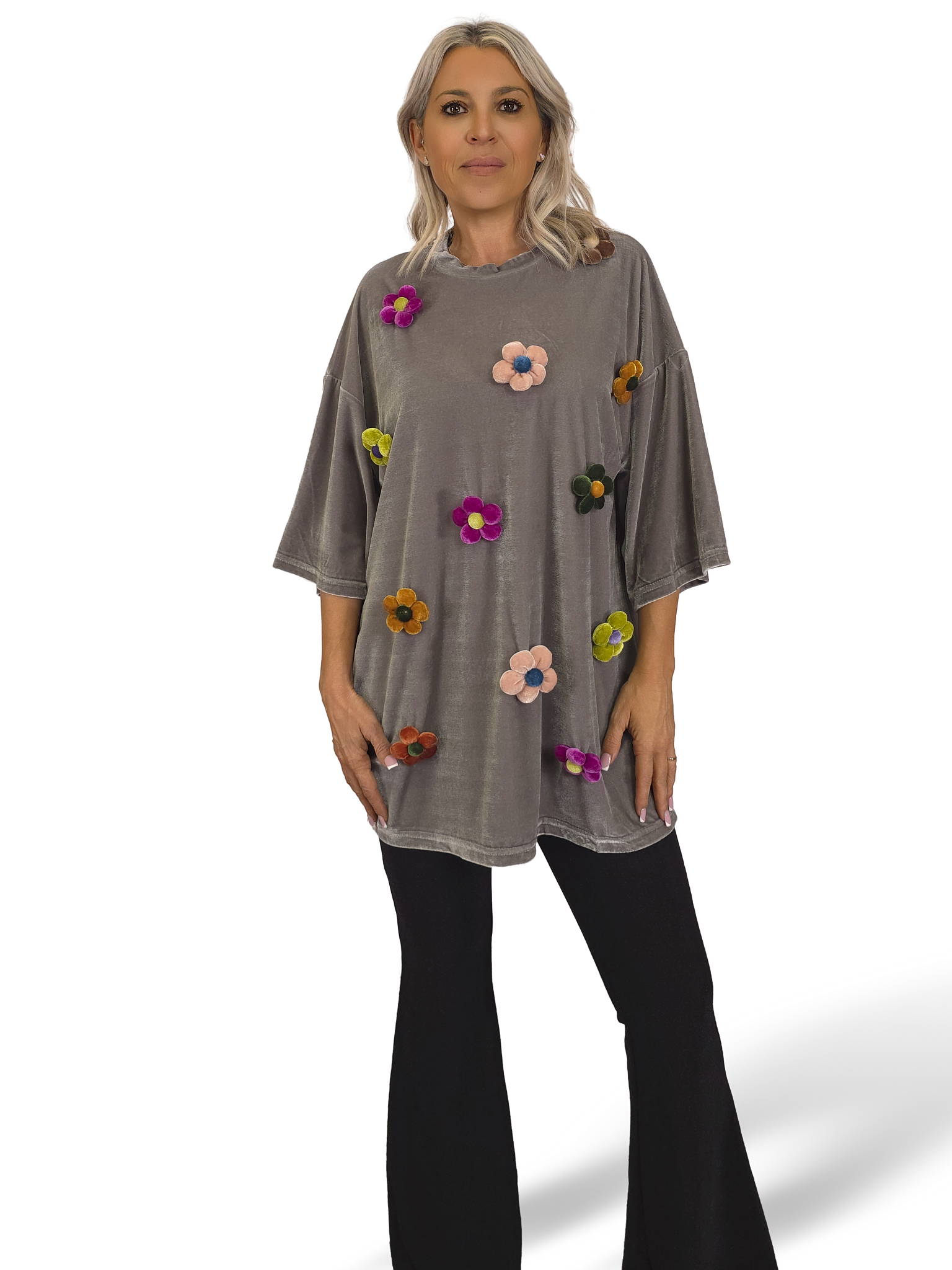 T-SHIRT DE VELUDO COM ESTAMPAS FLORAIS