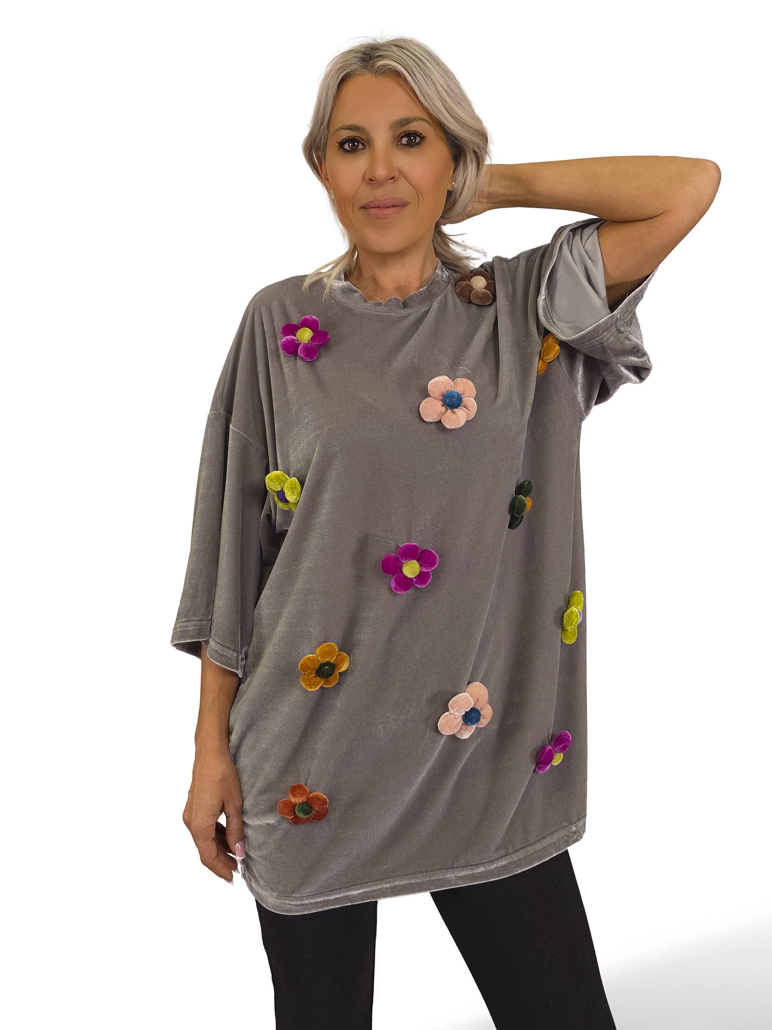 T-SHIRT DE VELUDO COM ESTAMPAS FLORAIS