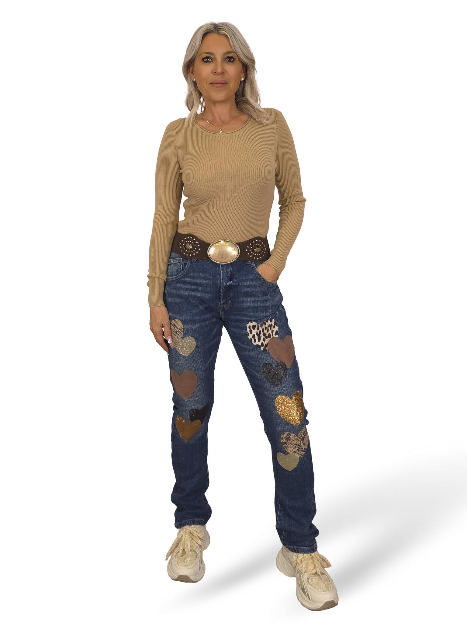 JEANS CON CUORI E STAMPA ANIMALIER BLU