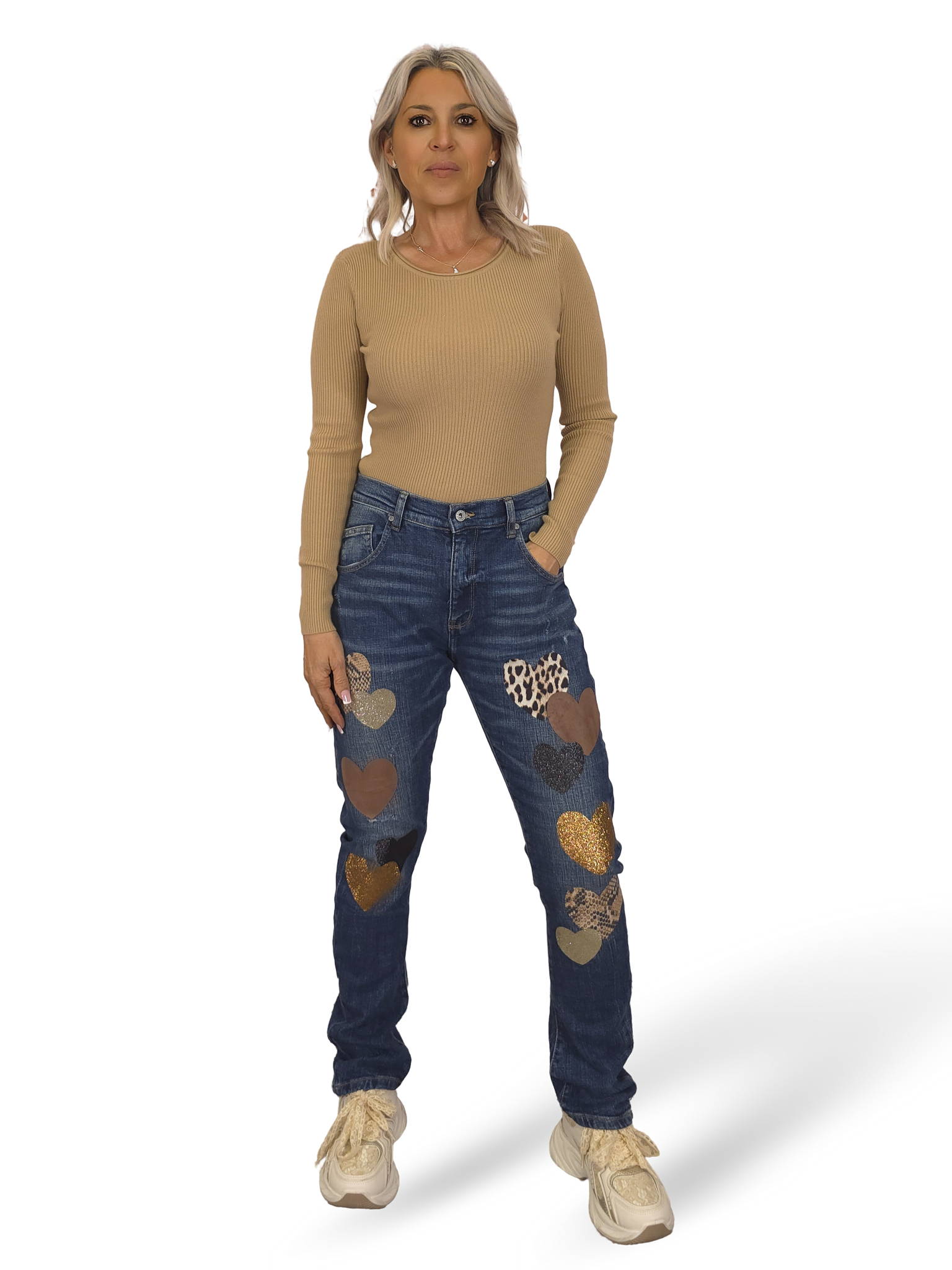 JEANS CON CUORI E STAMPA ANIMALIER BLU