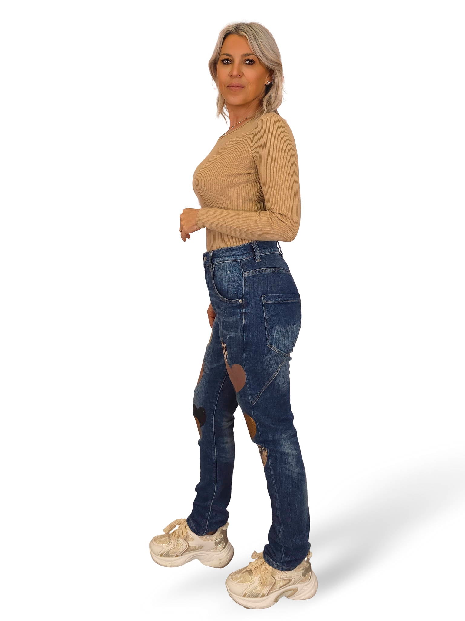 JEANS CON CUORI E STAMPA ANIMALIER BLU