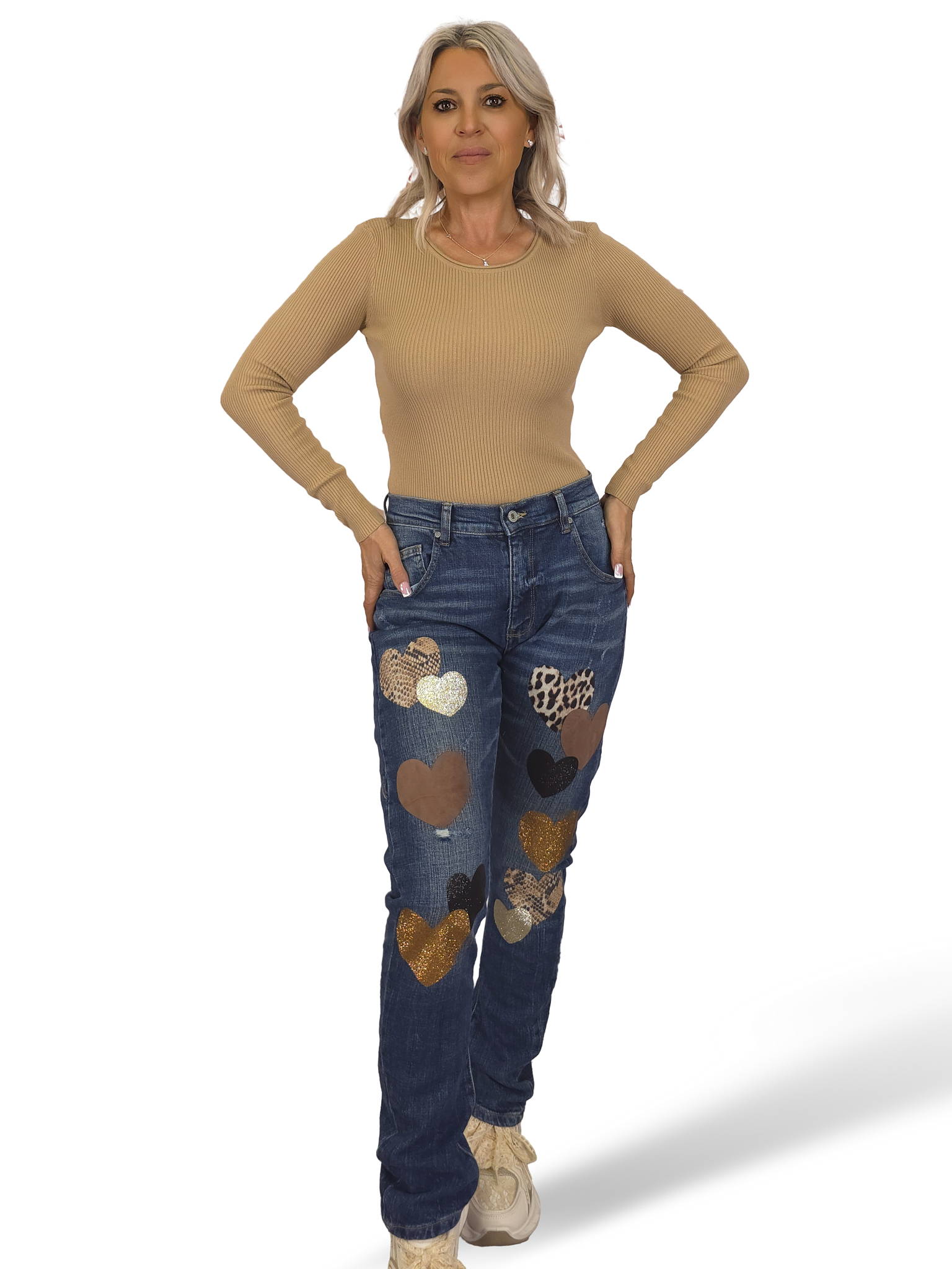 JEANS CON CUORI E STAMPA ANIMALIER BLU