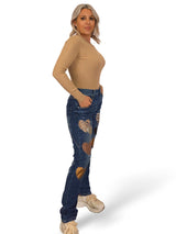 JEANS CORAZONES COMBINADO ANIMAL PRINT AZUL