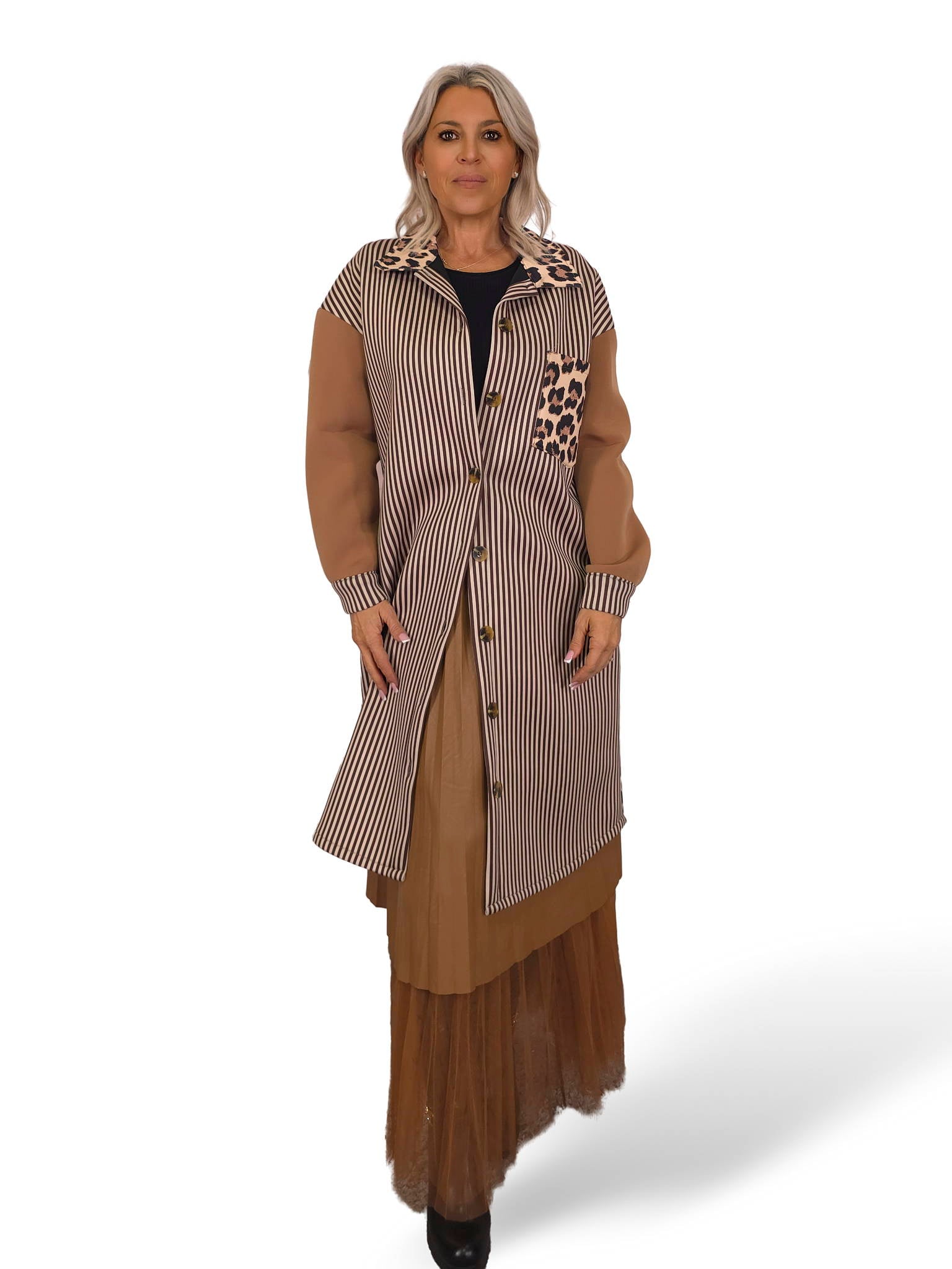 VESTIDO/JOT DE NEOPRENE COM ESTAMPA ANIMAL E LISTRADA