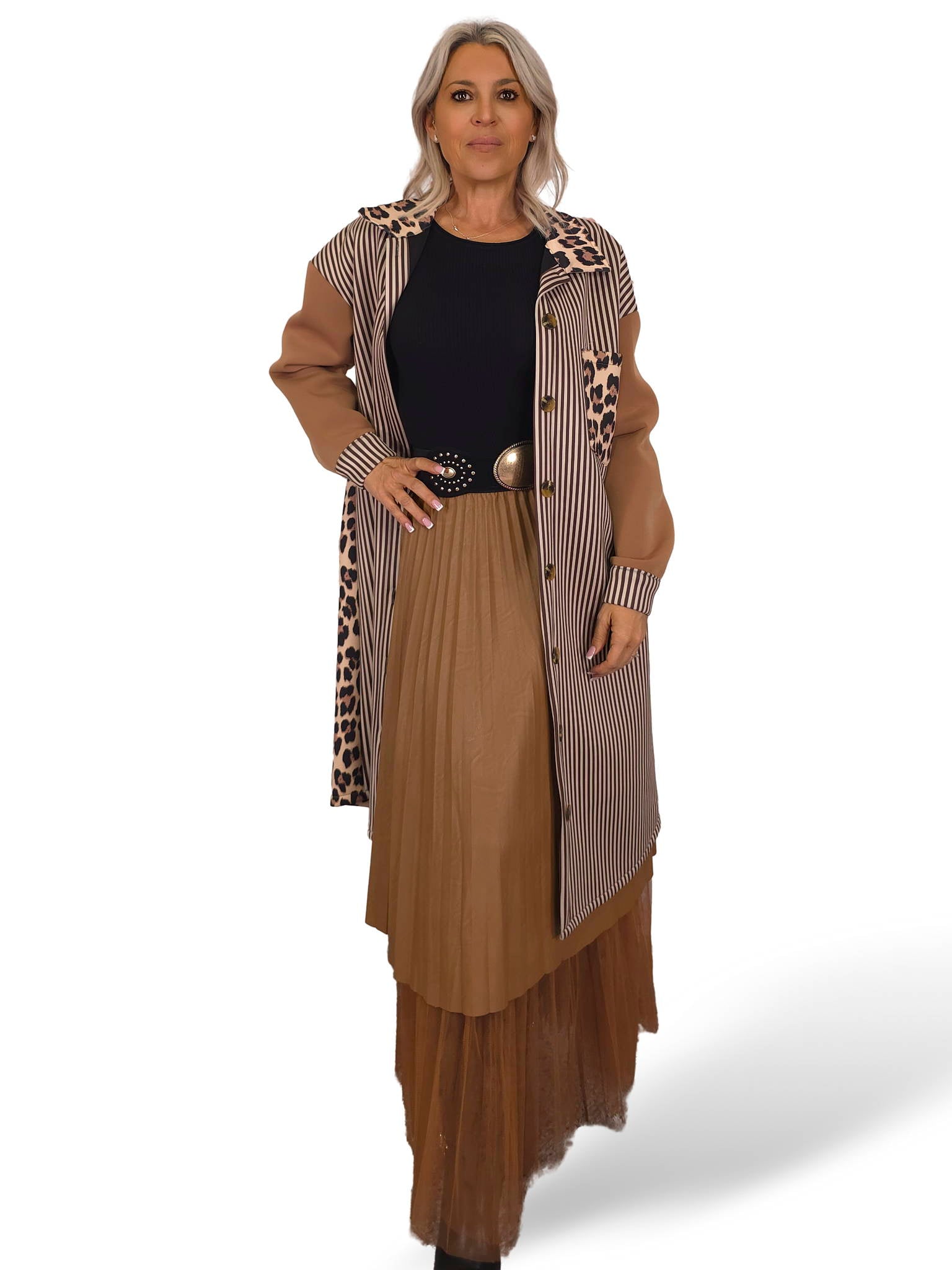 VESTIDO/JOT DE NEOPRENE COM ESTAMPA ANIMAL E LISTRADA