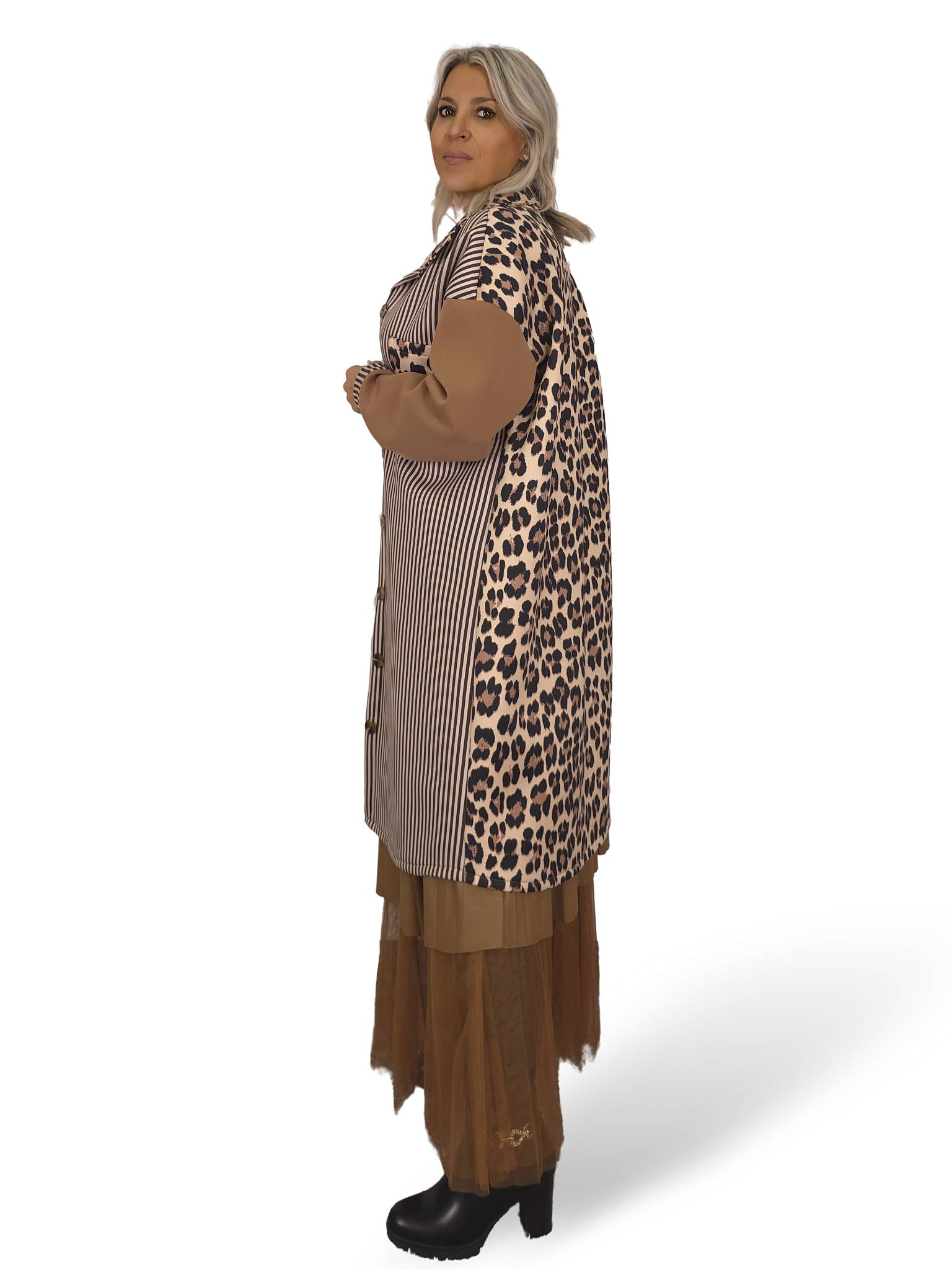 VESTIDO/JOT DE NEOPRENE COM ESTAMPA ANIMAL E LISTRADA