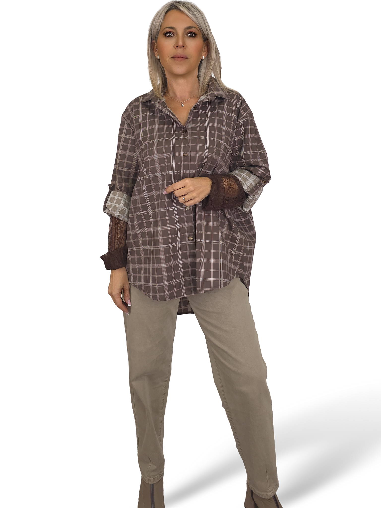 Camisa xadrez maxi com mangas em renda JOT