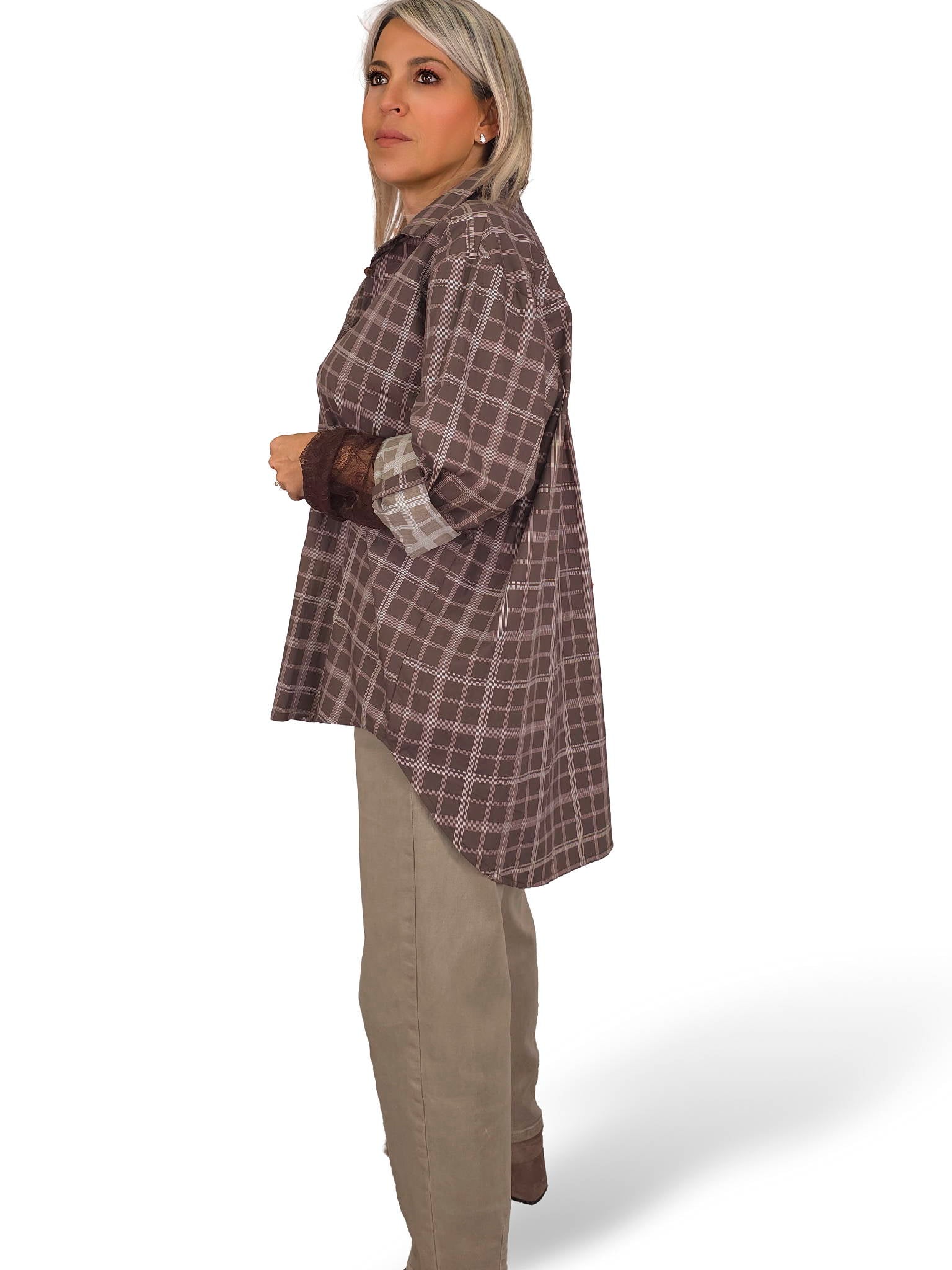 Camisa xadrez maxi com mangas em renda JOT
