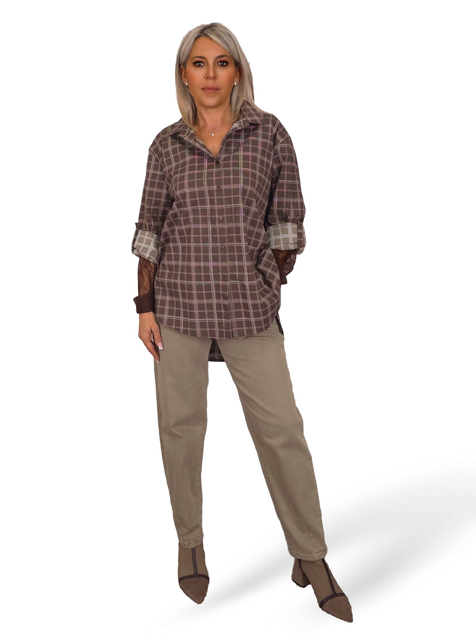 Camisa xadrez maxi com mangas em renda JOT