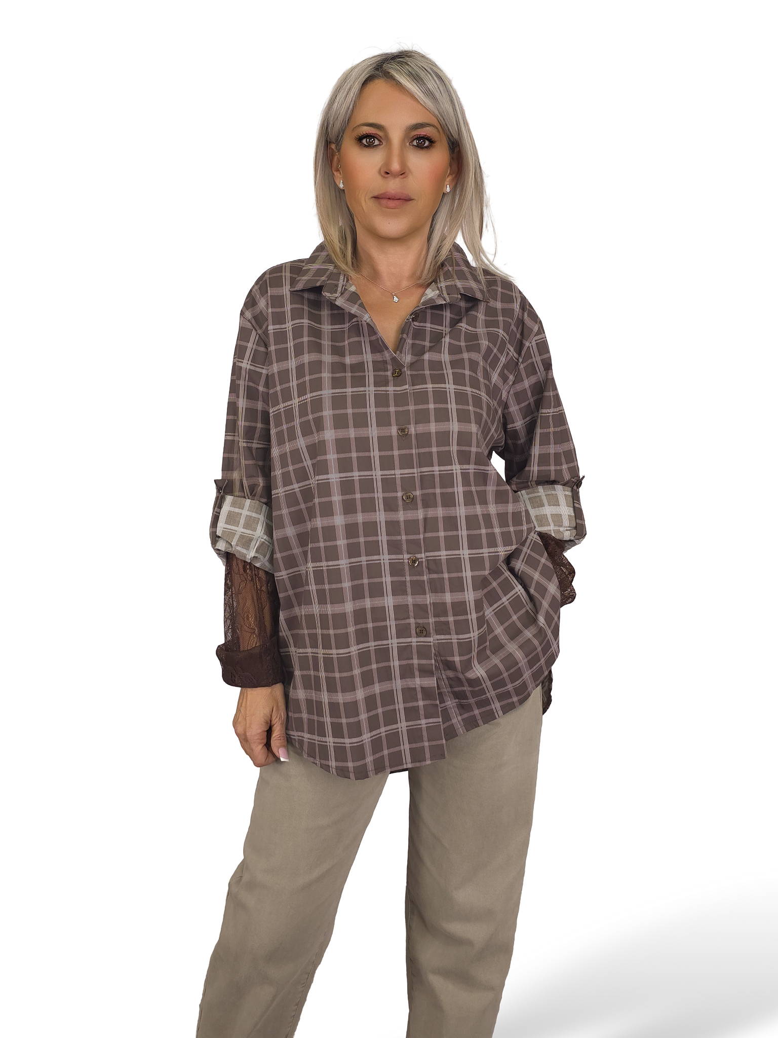 Camisa xadrez maxi com mangas em renda JOT