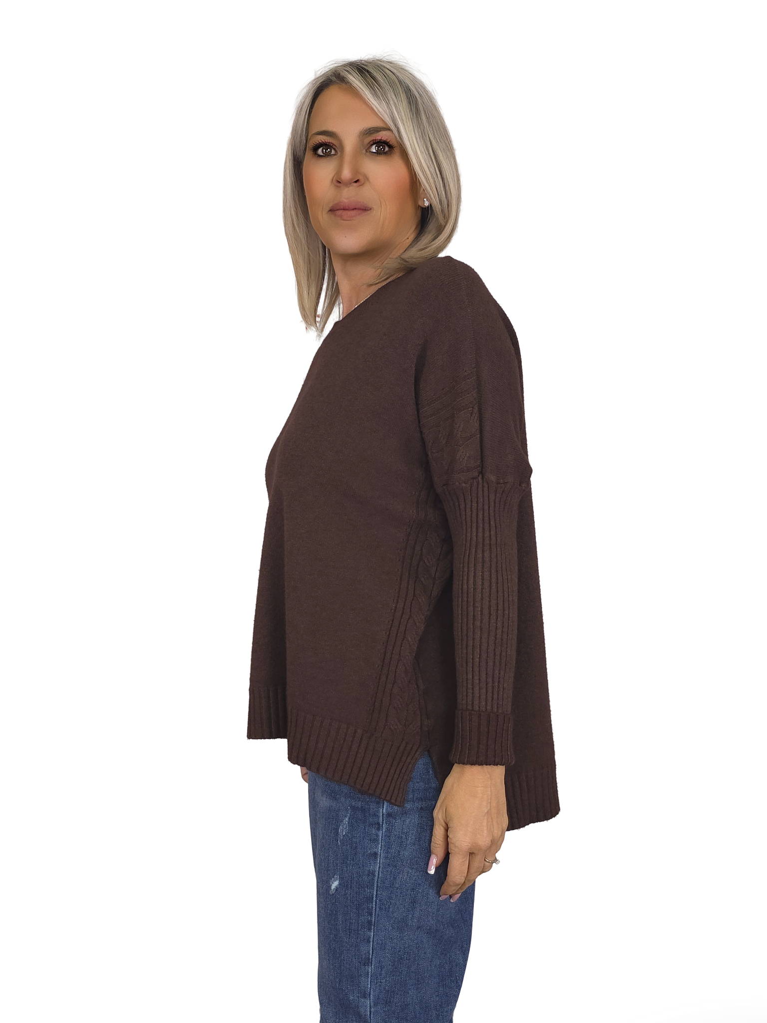 Camisola de manga canelada com tranças