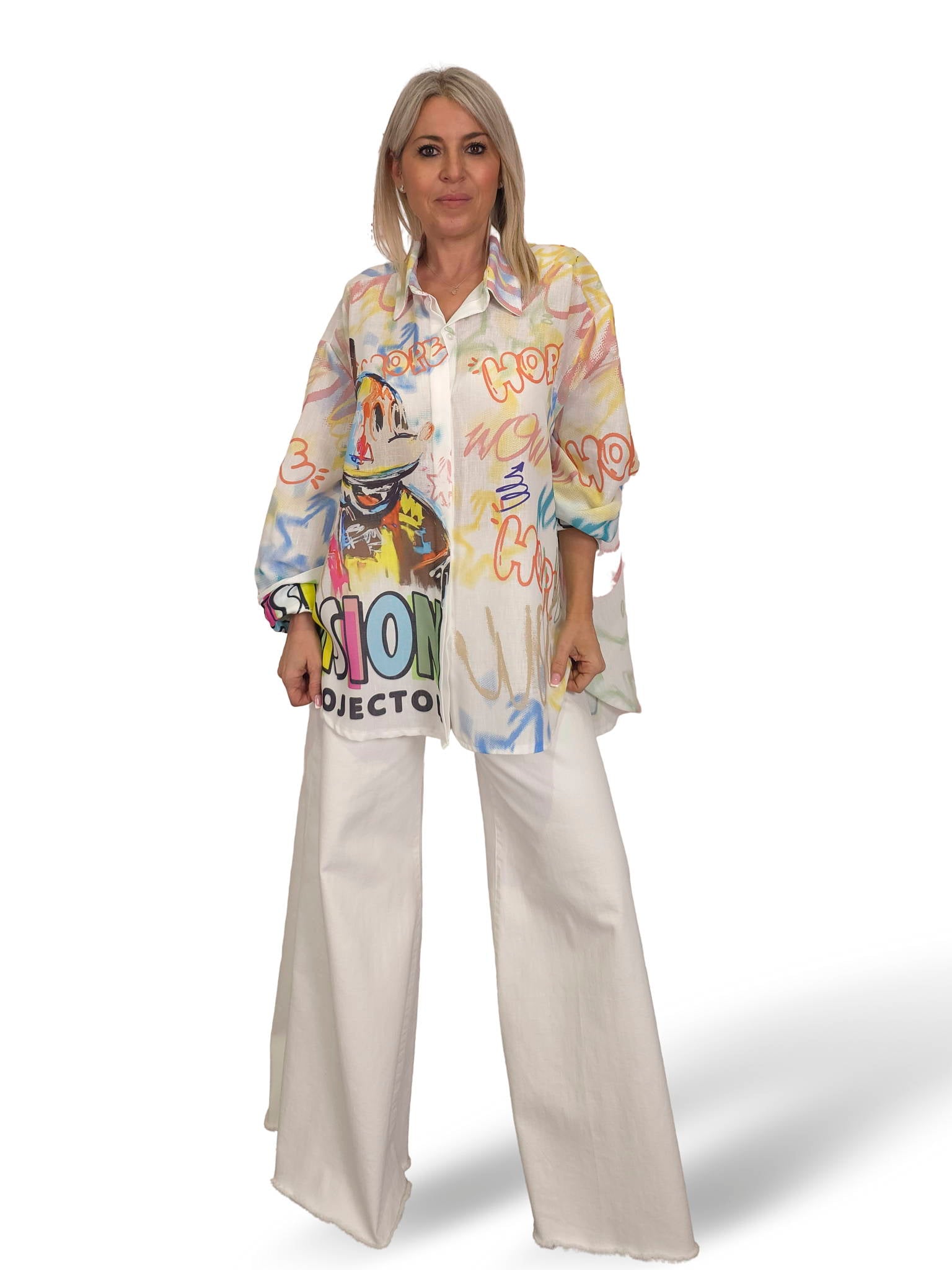 Camisa maxi assimétrica de linho multicolor