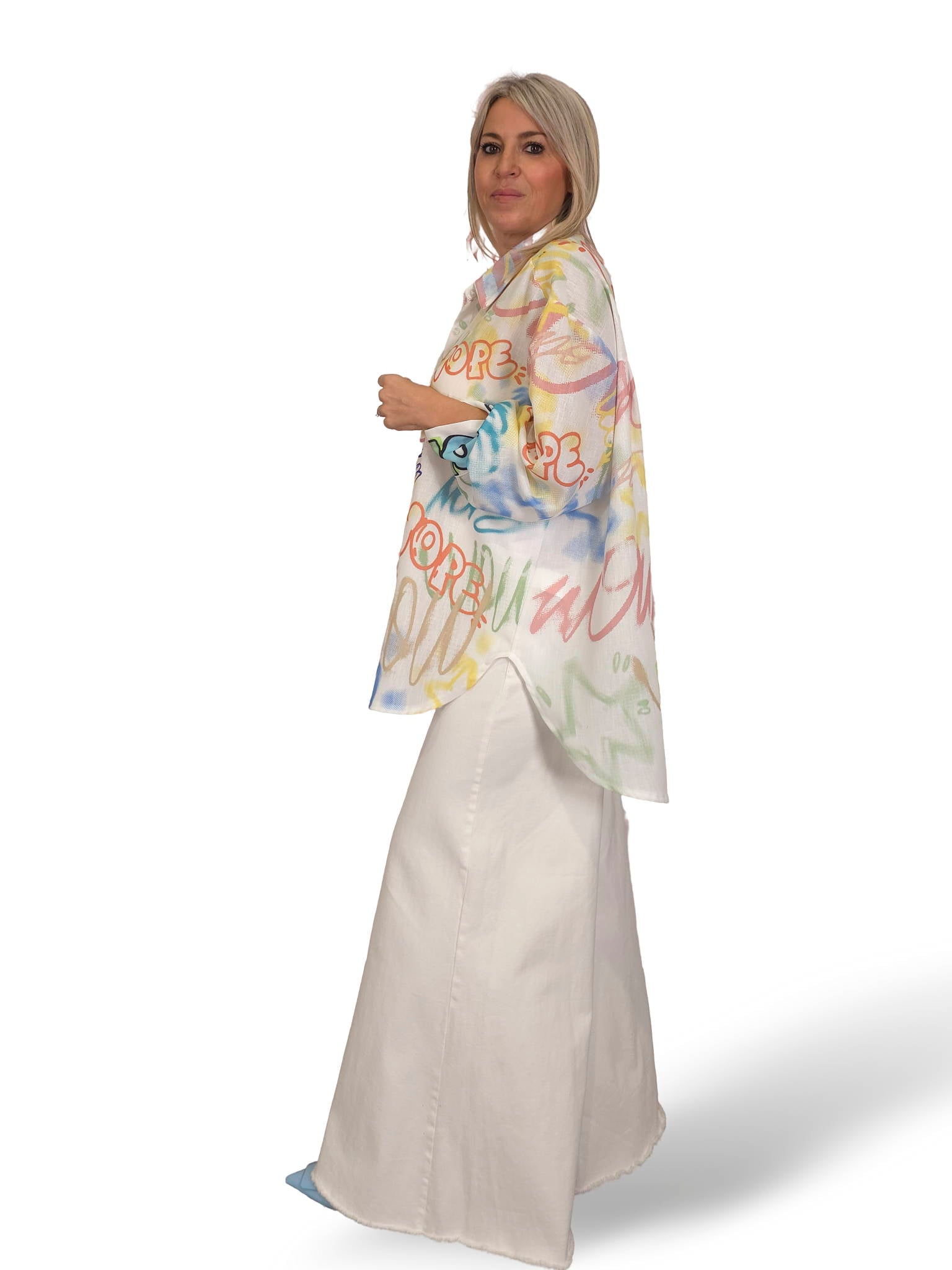 Camisa maxi assimétrica de linho multicolor