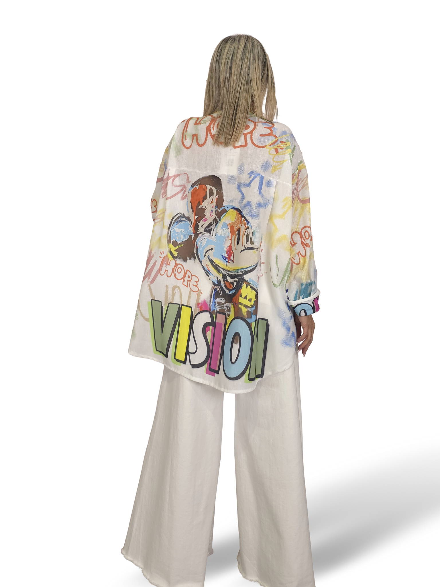 Camisa maxi assimétrica de linho multicolor