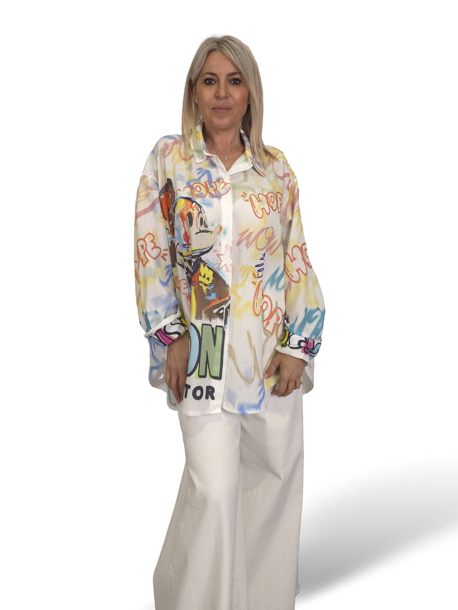 Camisa maxi assimétrica de linho multicolor