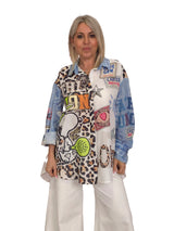 Camisa maxi assimétrica de linho multicolor
