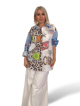 Camisa maxi assimétrica de linho multicolor