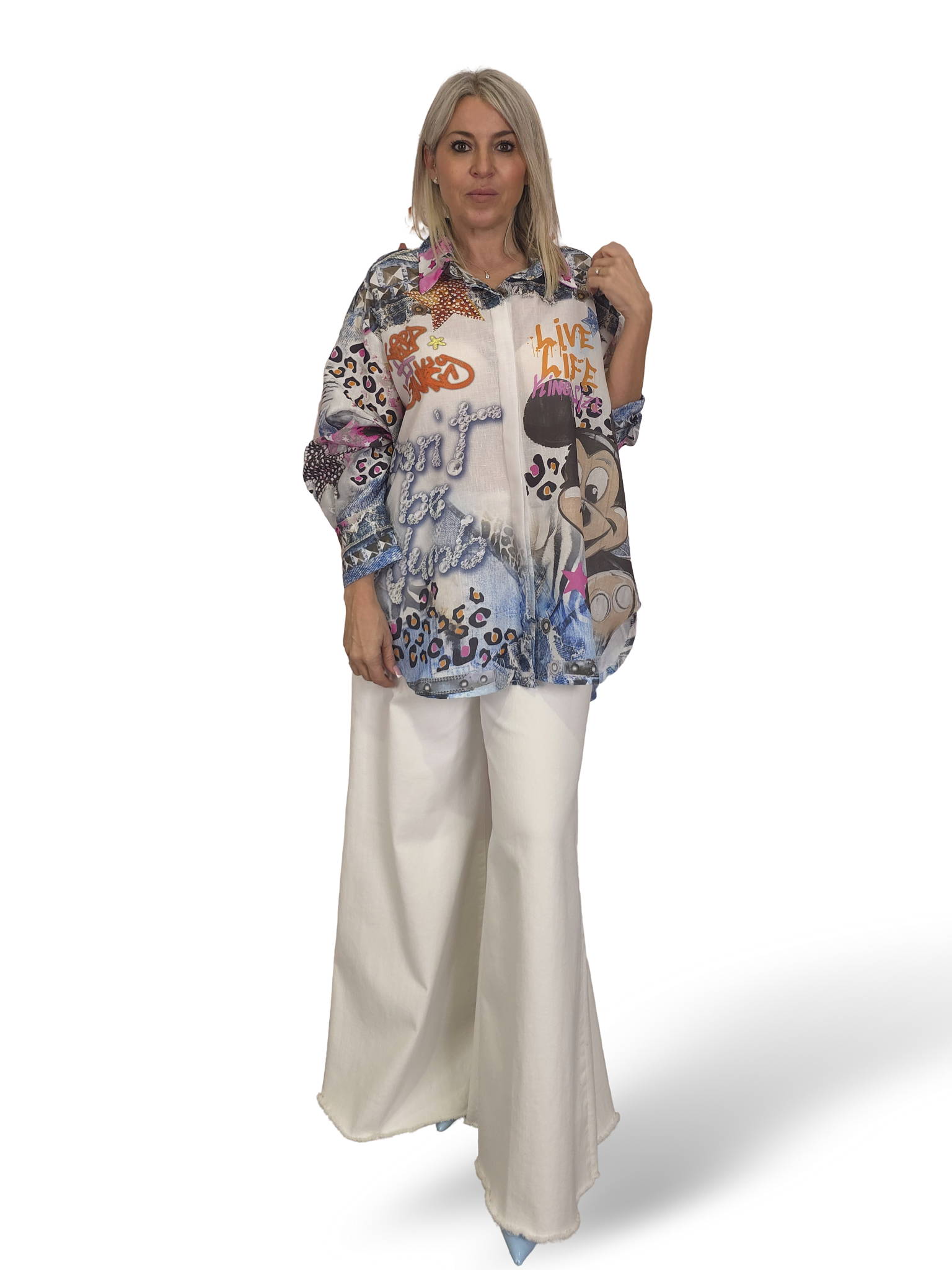 Camisa maxi assimétrica de linho multicolor