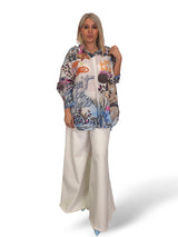 Camisa maxi assimétrica de linho multicolor