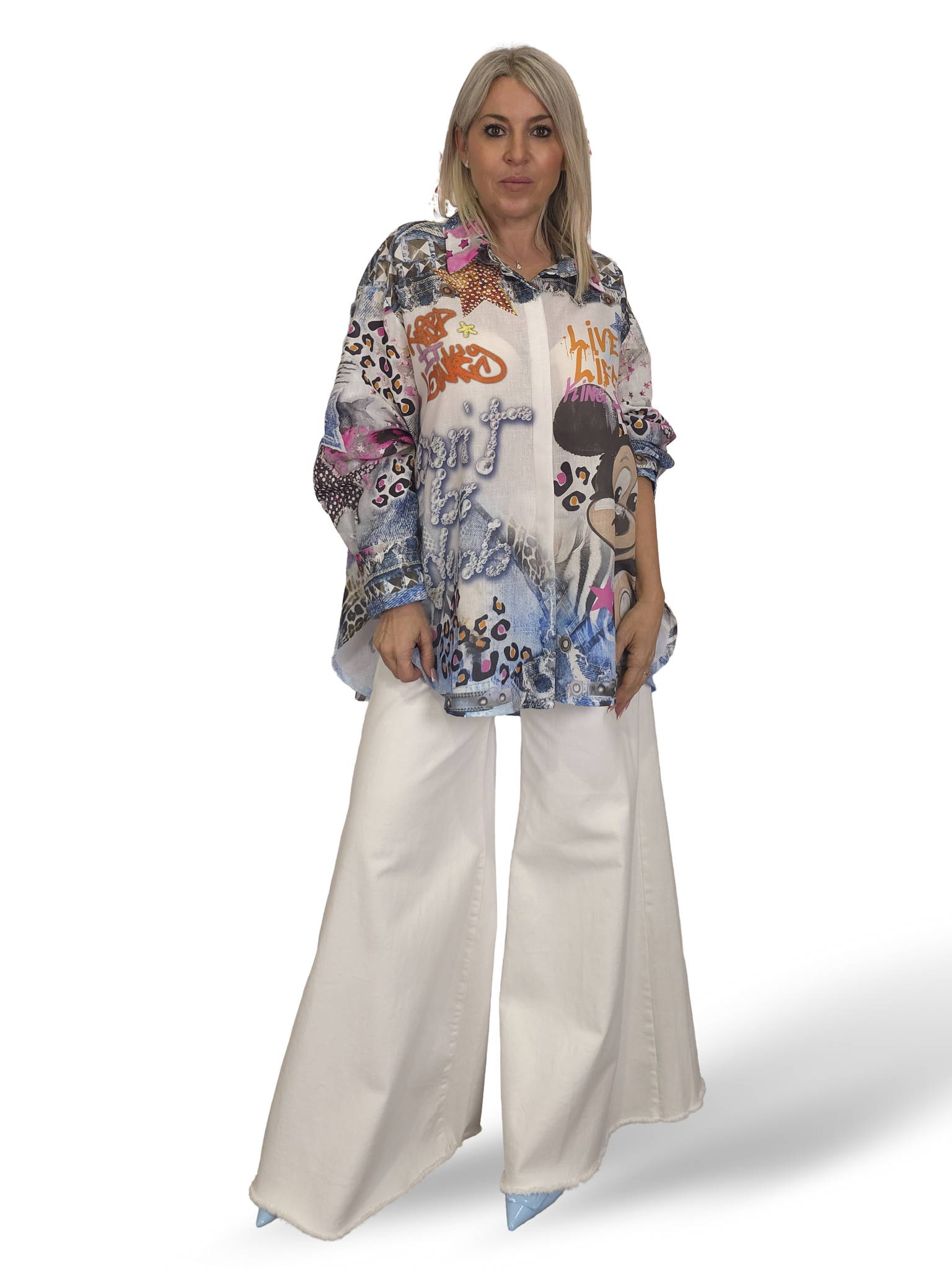 Camisa maxi assimétrica de linho multicolor
