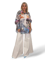 Camisa maxi assimétrica de linho multicolor