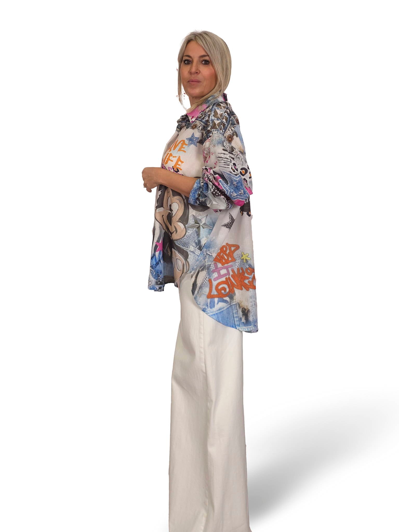 Camisa maxi assimétrica de linho multicolor