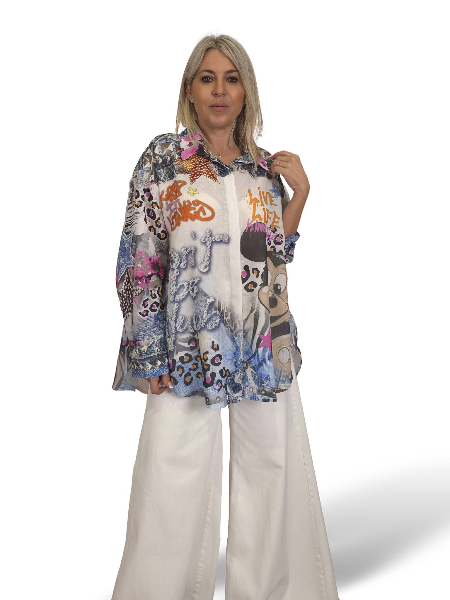 Camisa maxi assimétrica de linho multicolor