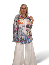 Camisa maxi assimétrica de linho multicolor