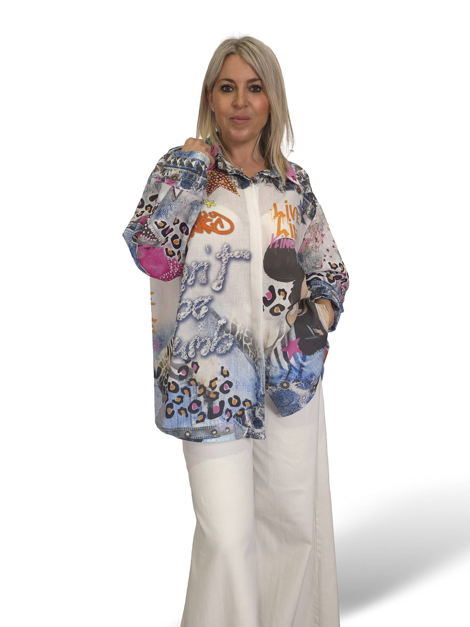 Camisa maxi assimétrica de linho multicolor