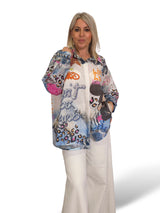 Camisa maxi assimétrica de linho multicolor