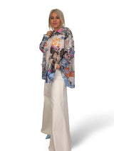 Camisa maxi assimétrica de linho multicolor