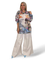 Camisa maxi assimétrica de linho multicolor