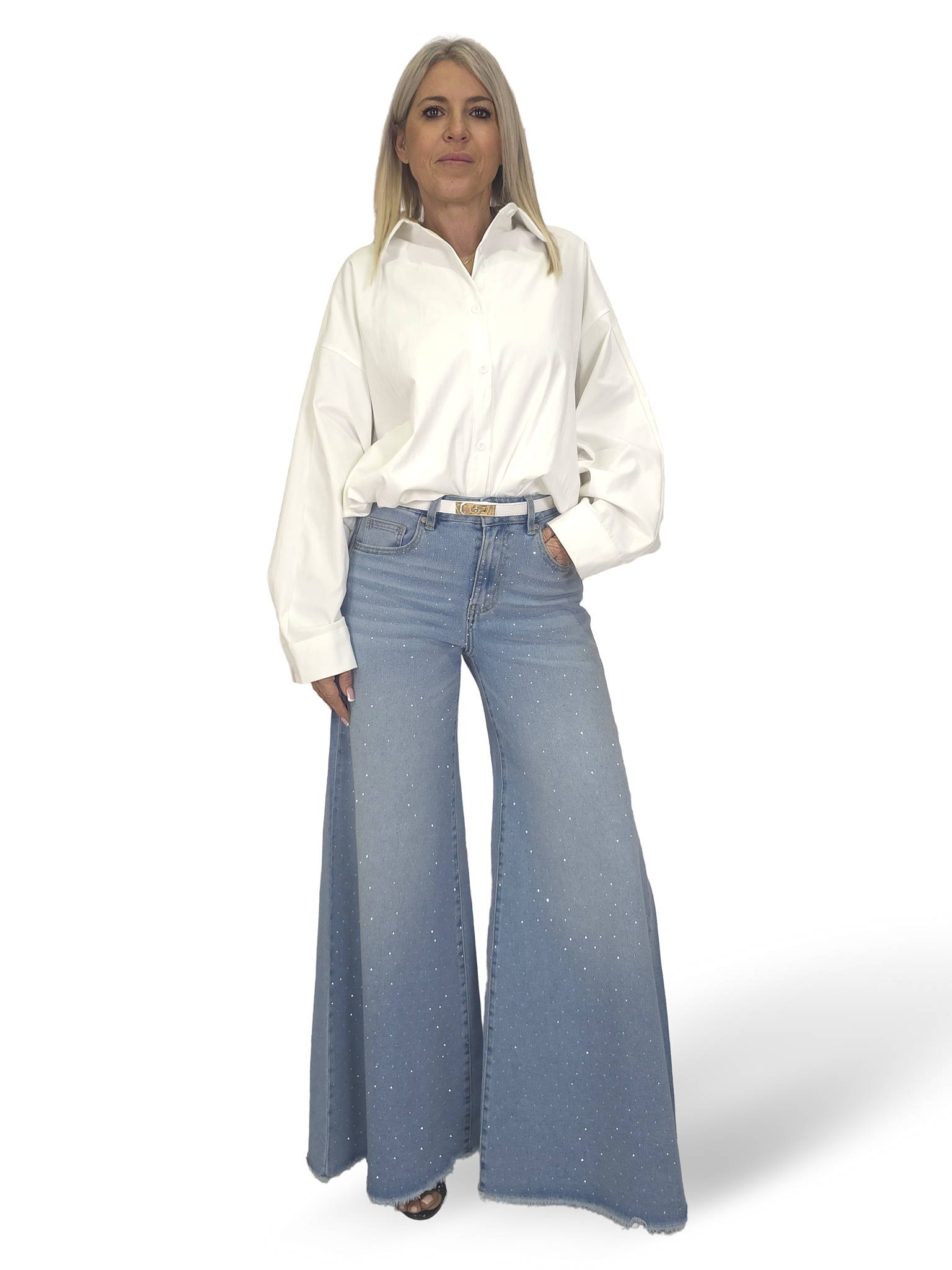 JEANS PALAZZO DESHILACHADO STRASS JOT