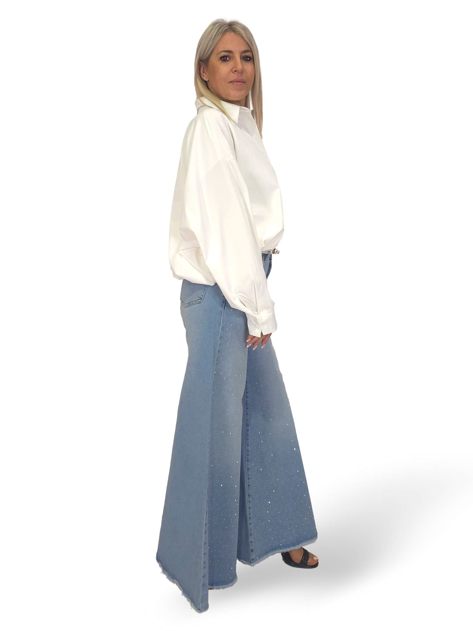JEANS PALAZZO DESHILACHADO STRASS JOT