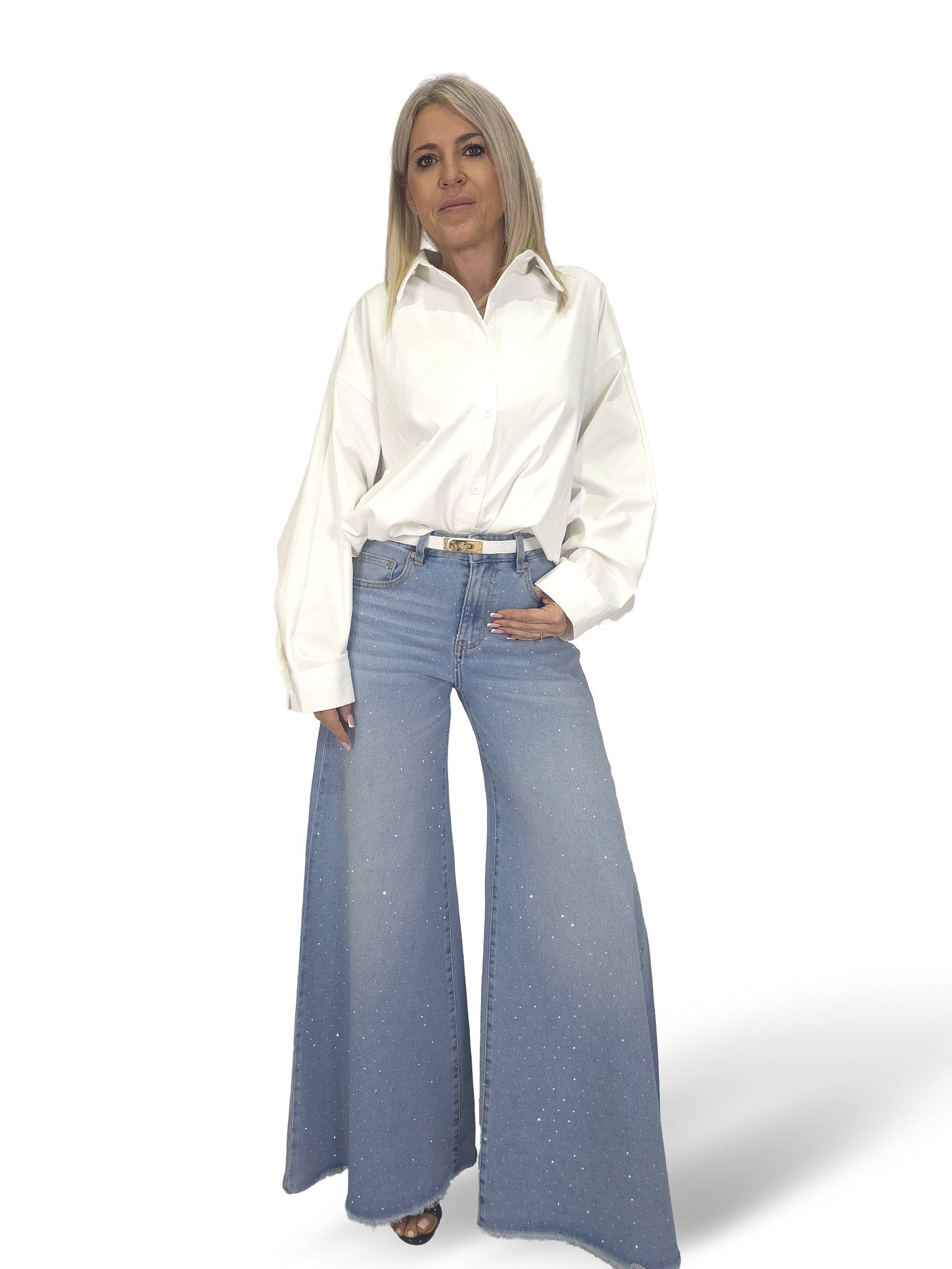 JEANS PALAZZO DESHILACHADO STRASS JOT