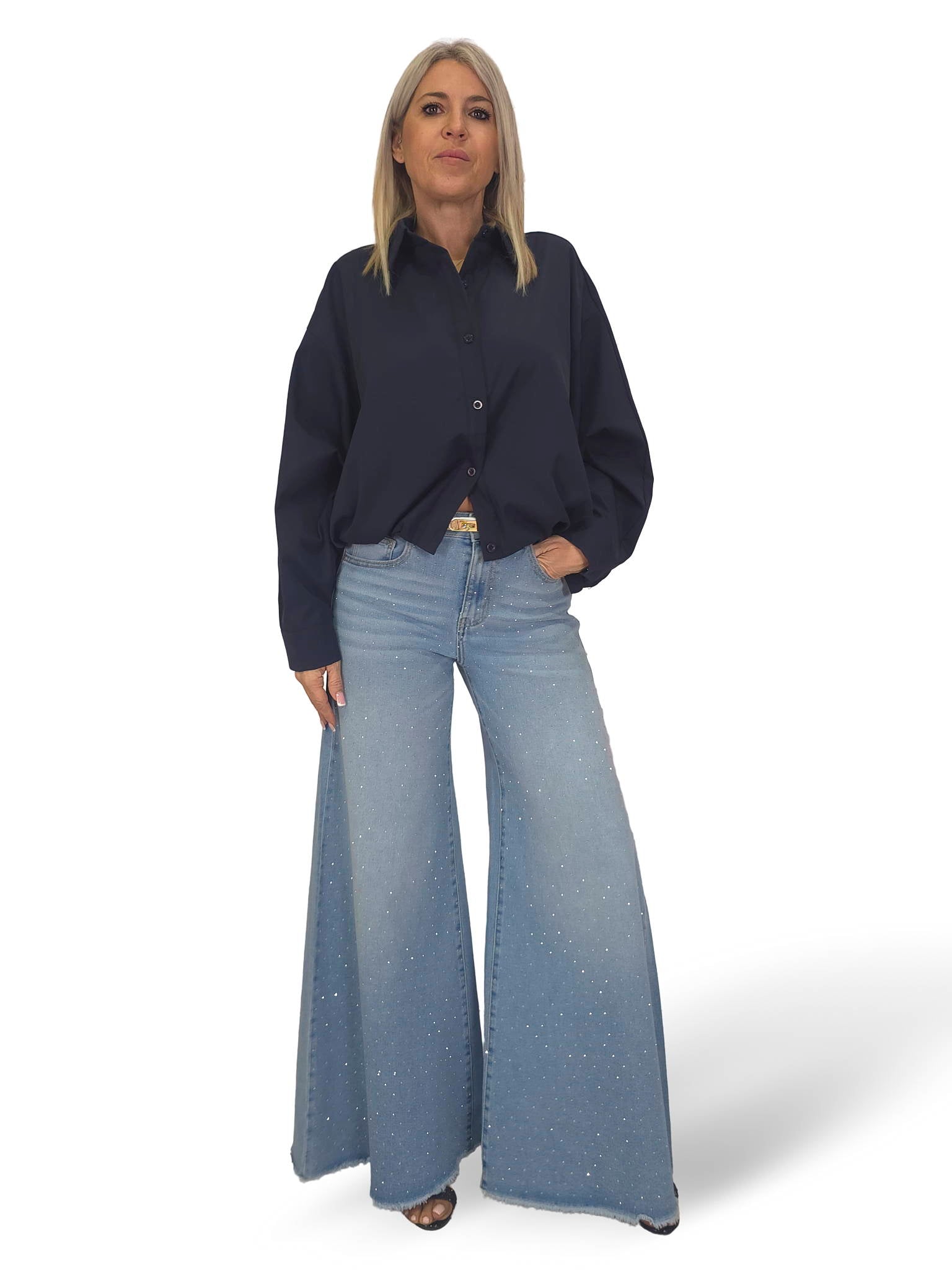 JEANS PALAZZO DESHILACHADO STRASS JOT