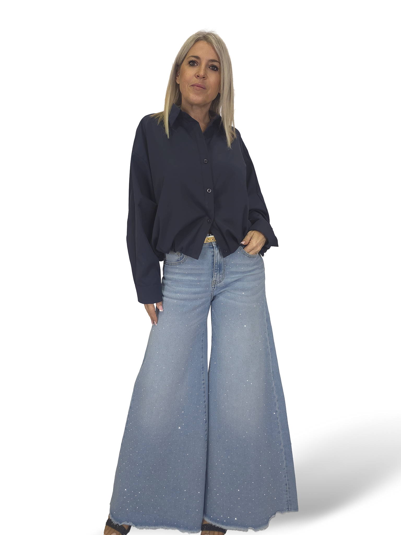 JEANS PALAZZO DESHILACHADO STRASS JOT