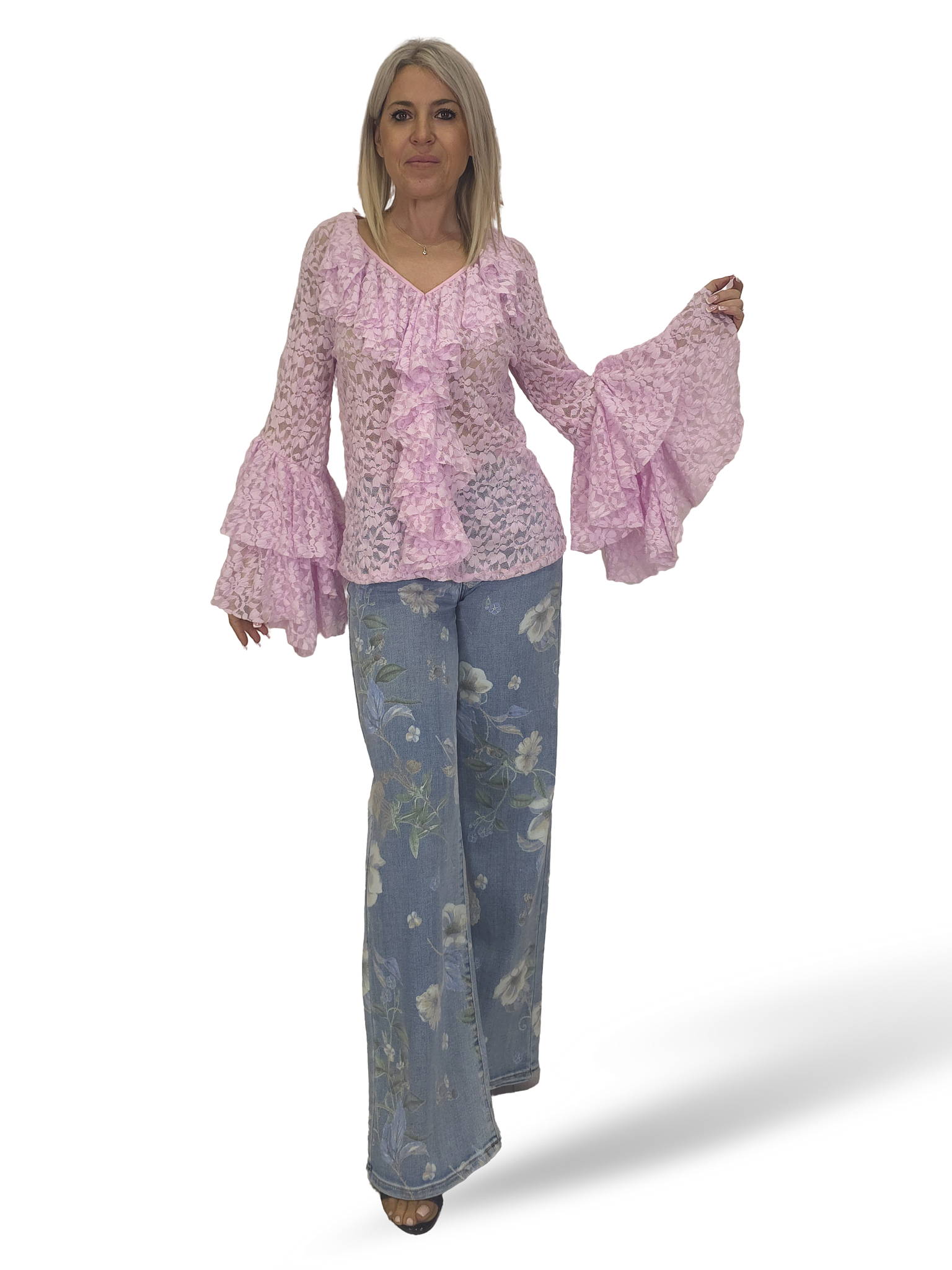 SPITZENBLUSE MIT RÜSCHEN UND V-AUSSCHNITT