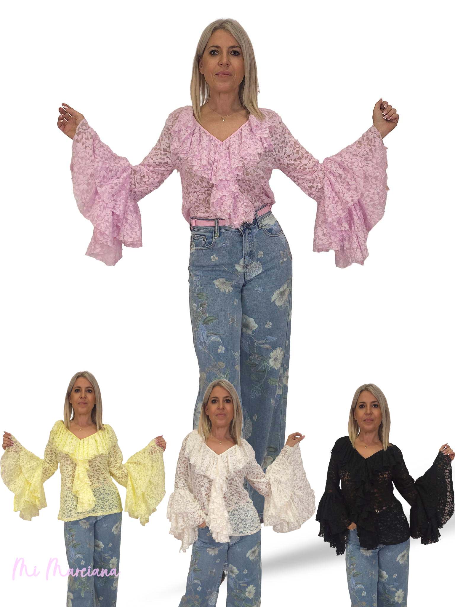 SPITZENBLUSE MIT RÜSCHEN UND V-AUSSCHNITT