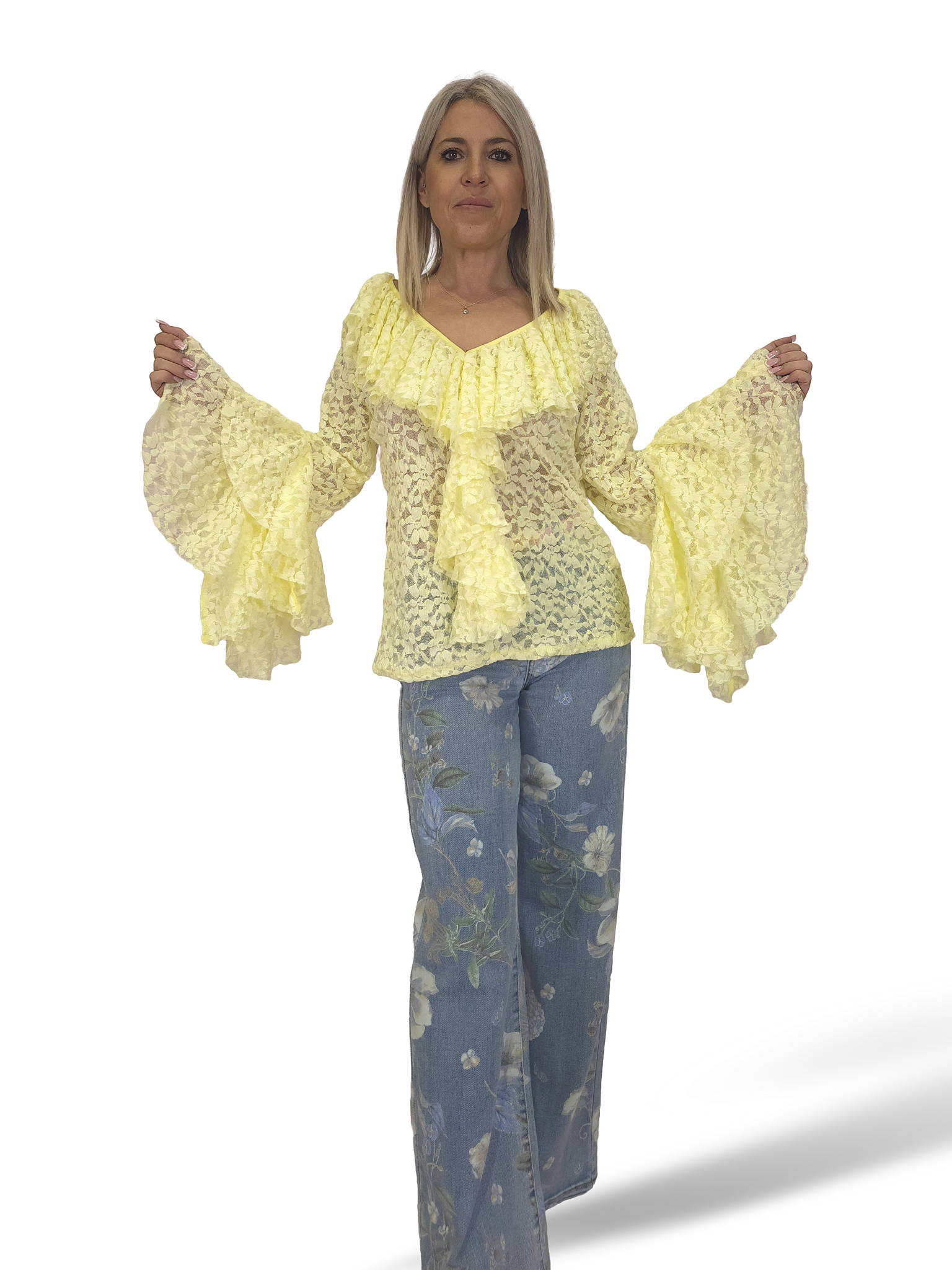 SPITZENBLUSE MIT RÜSCHEN UND V-AUSSCHNITT