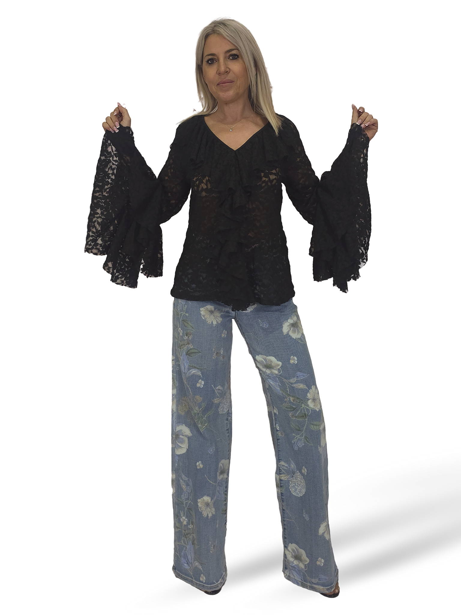 SPITZENBLUSE MIT RÜSCHEN UND V-AUSSCHNITT