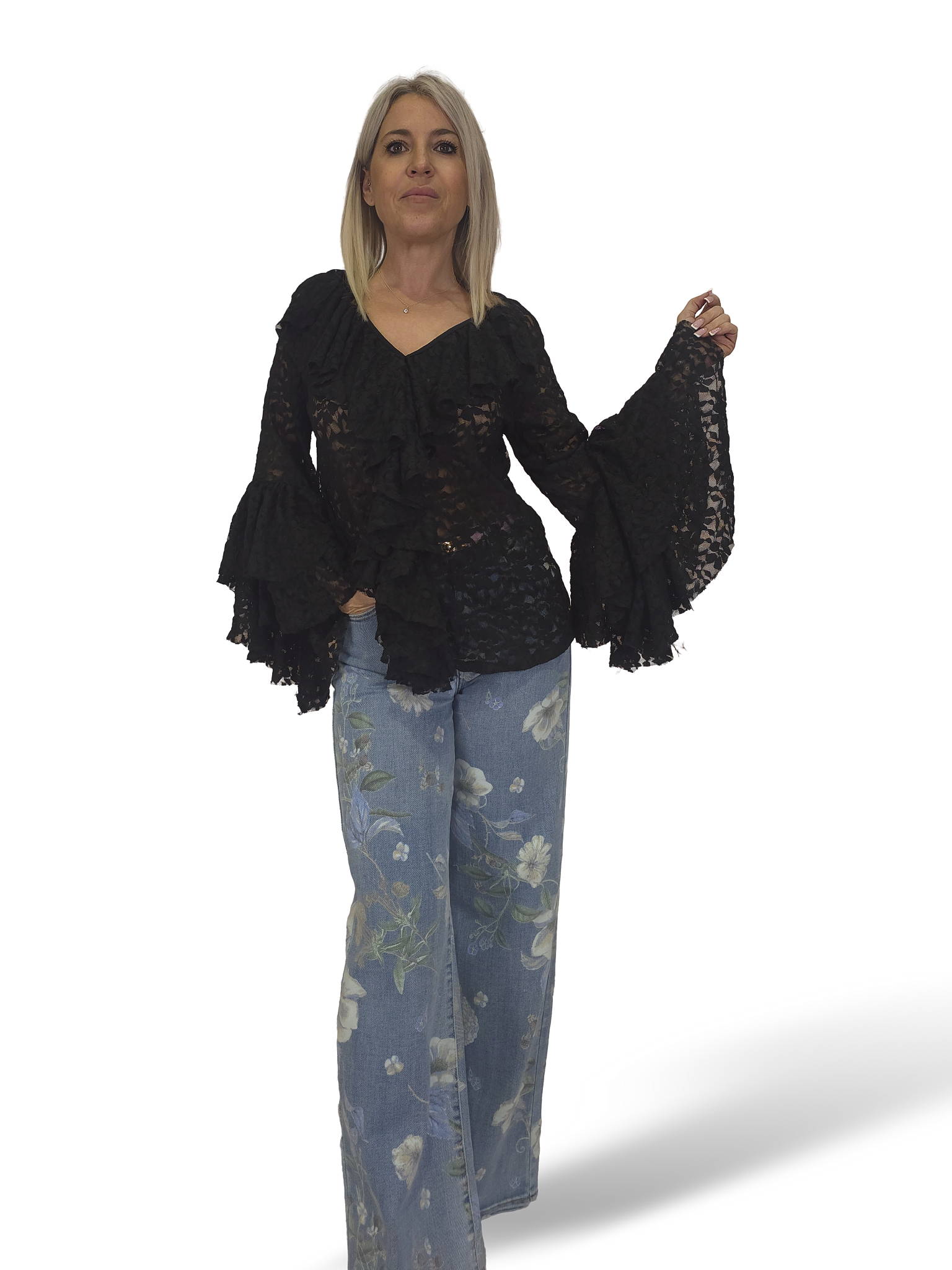 SPITZENBLUSE MIT RÜSCHEN UND V-AUSSCHNITT