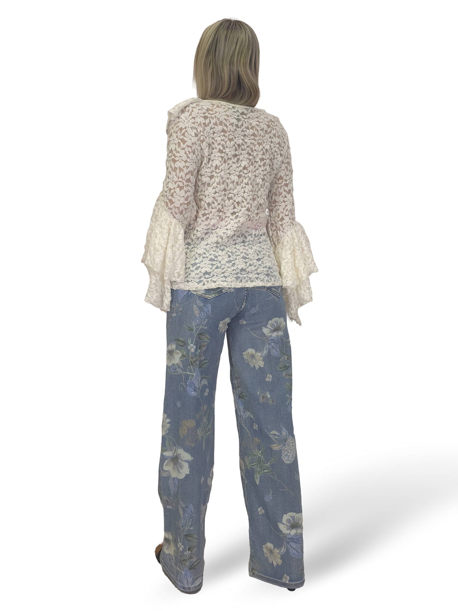 SPITZENBLUSE MIT RÜSCHEN UND V-AUSSCHNITT