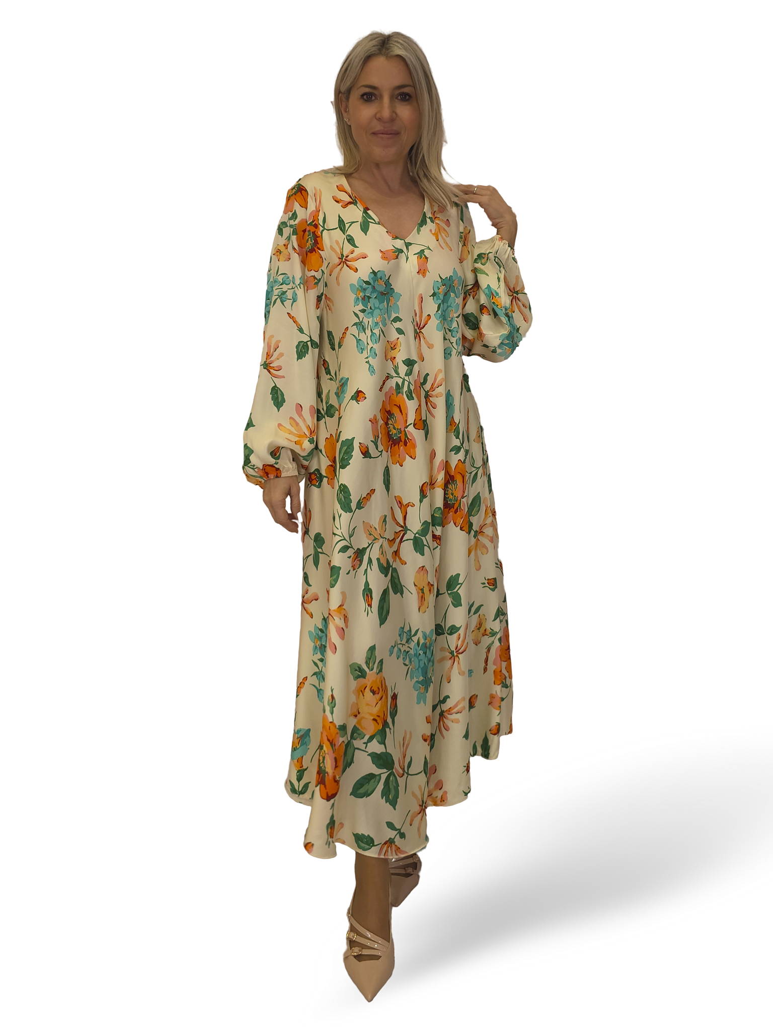 VESTIDO SATINADO FLUIDO FLORES JOT