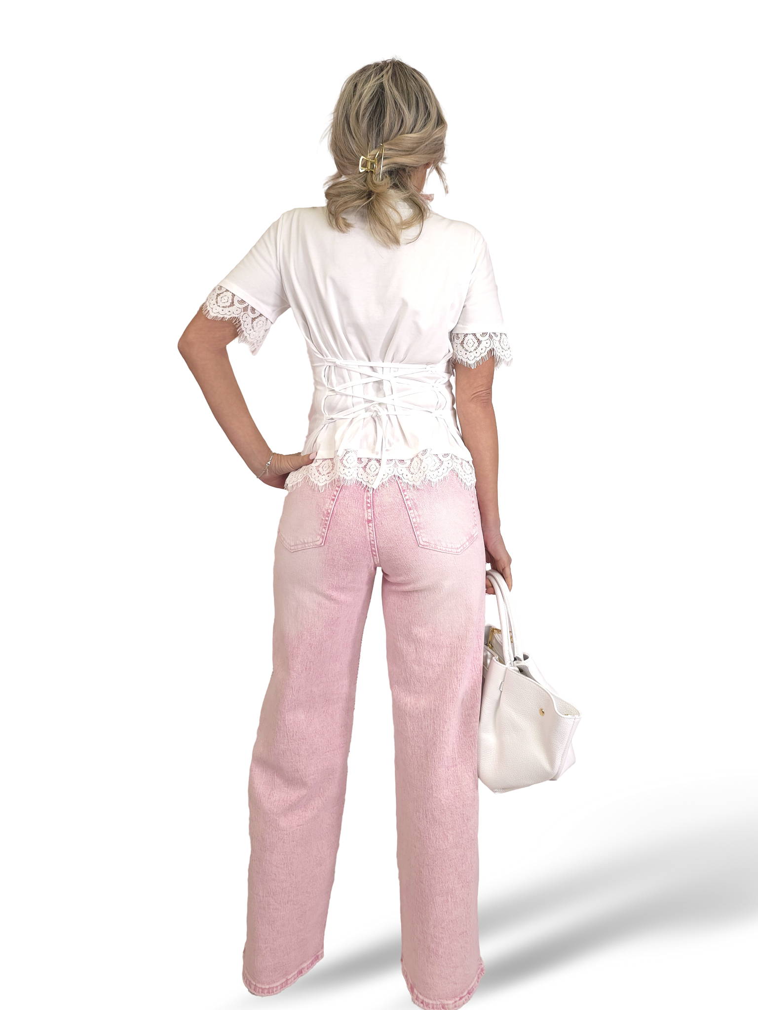 JEANS PATA ANCHA CRUZADO STRASS ROSA