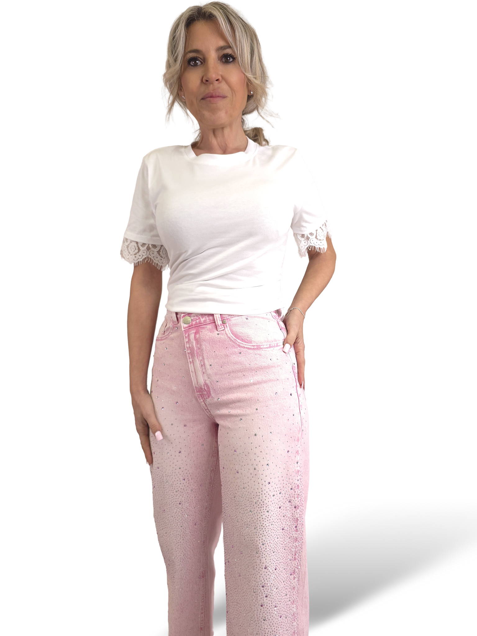 JEANS PATA ANCHA CRUZADO STRASS ROSA