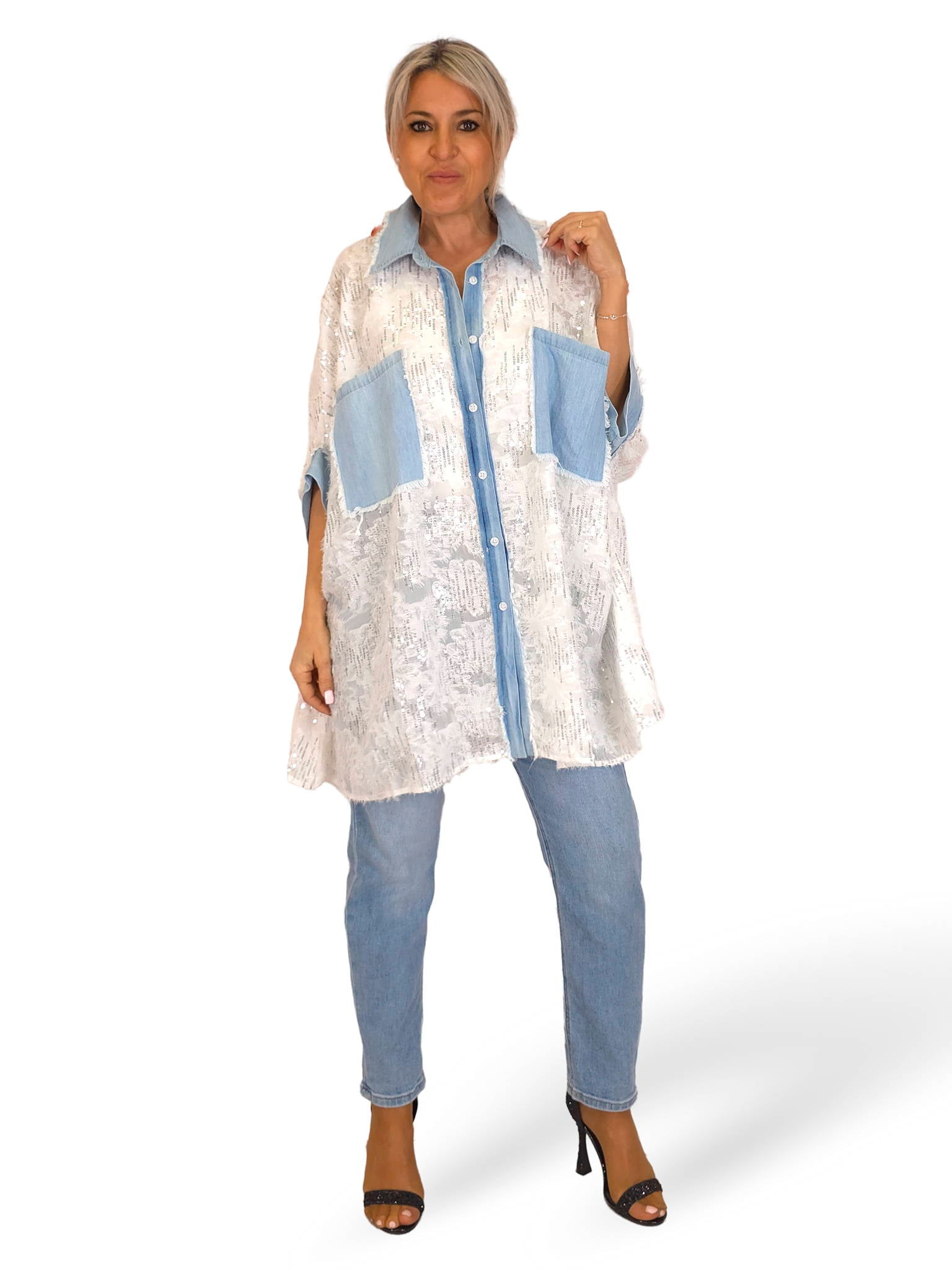 MAXI CAMISA DENIM DESFLECADA LENTEJUELAS