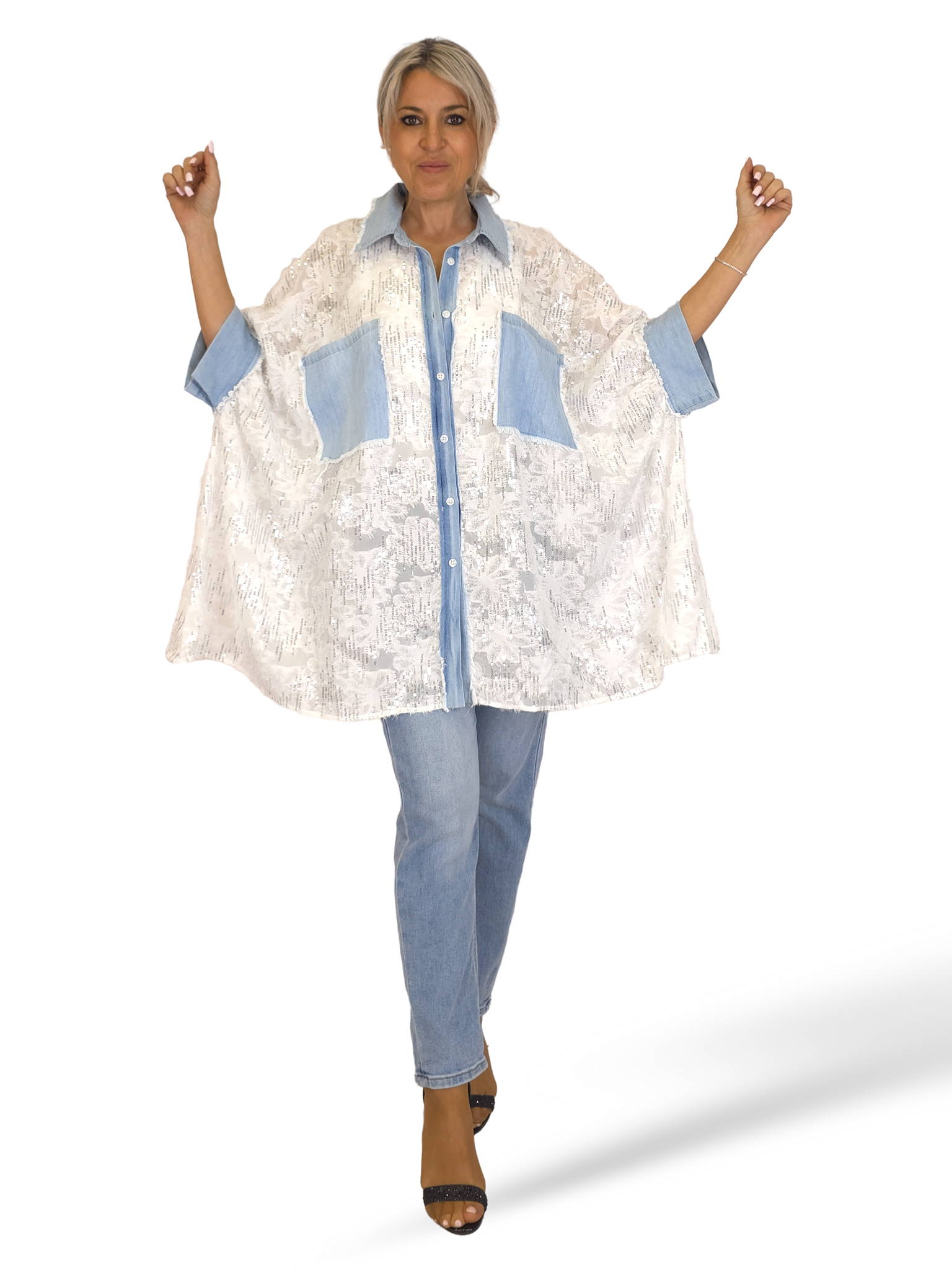 MAXI CAMISA DENIM DESFLECADA LENTEJUELAS